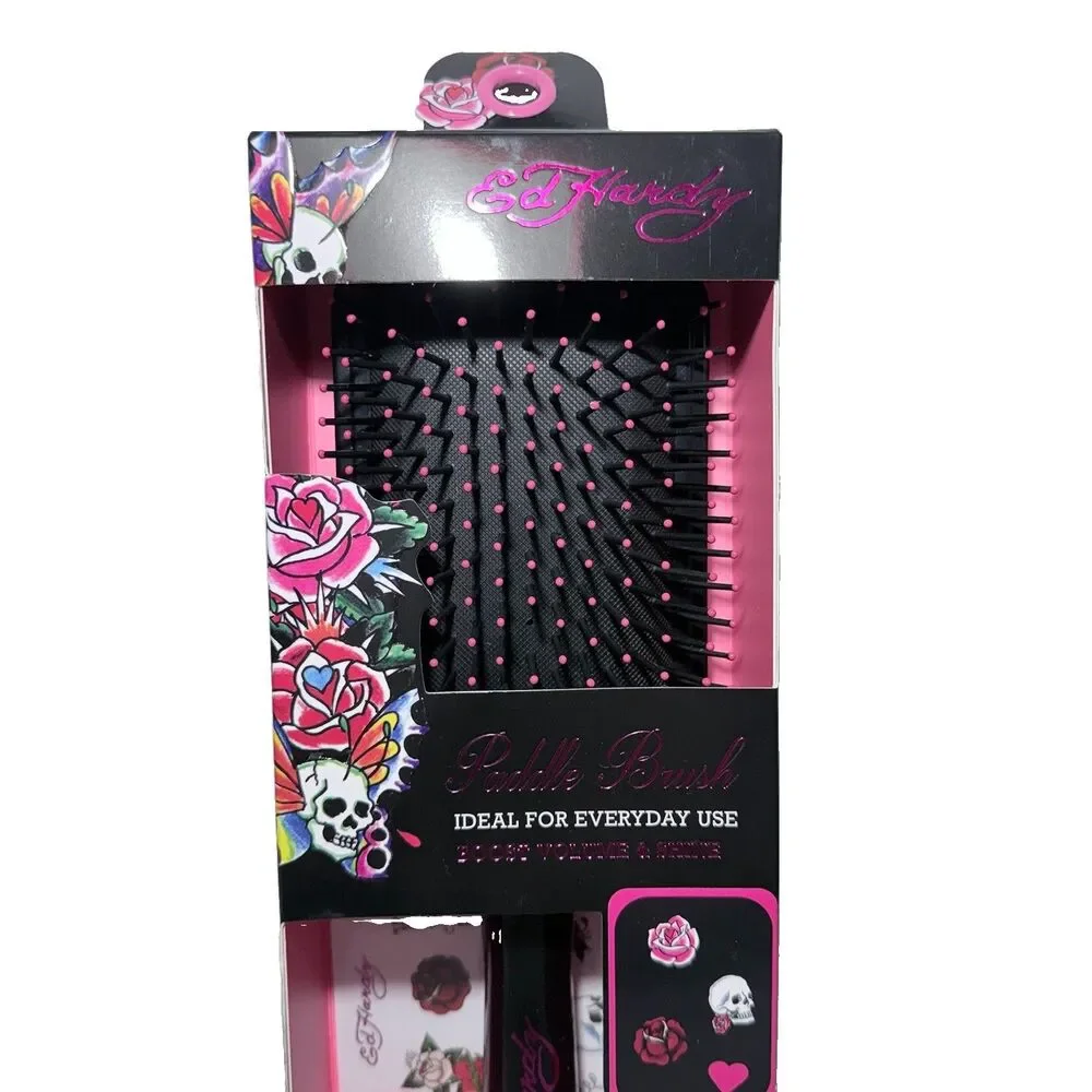Ed Hardy Paddle Hair Brush Black Pink with Customize Fun Stickers New In Box